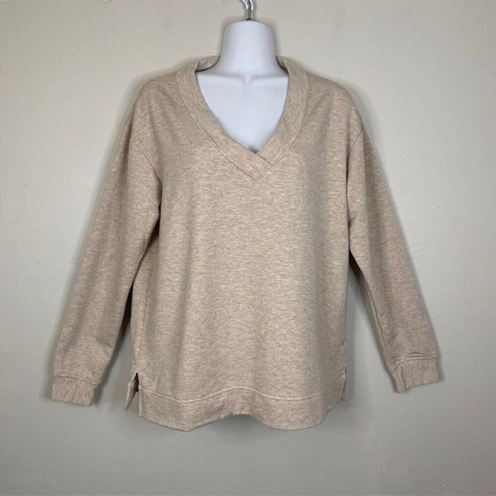 Orvis V Neck Fleece pullover Top Fleece lined Sz Small tan Long sleeves stretchy
